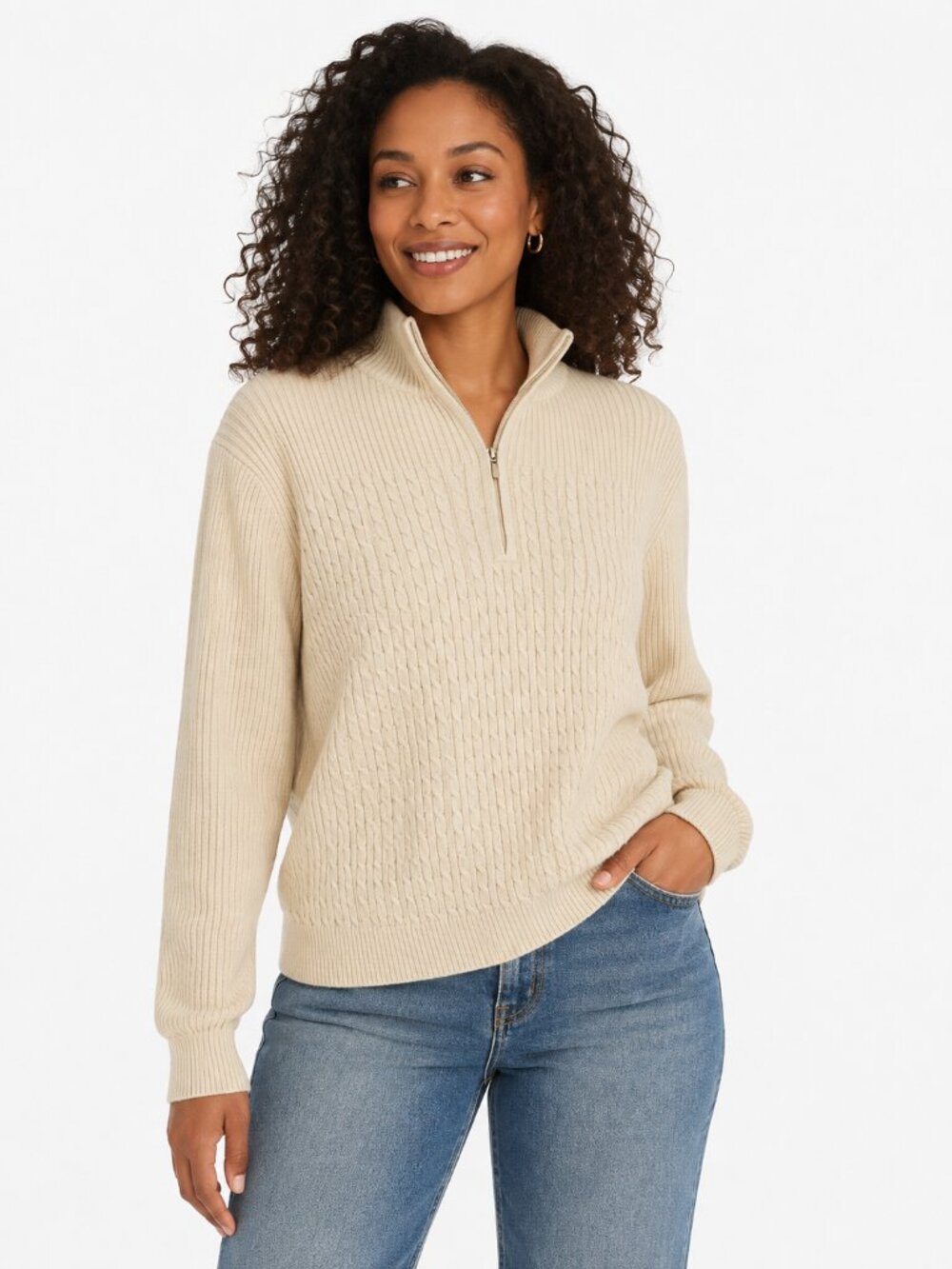Jeanne Pierre Cream Cable Knit Quarter Zip Sweater Size XL